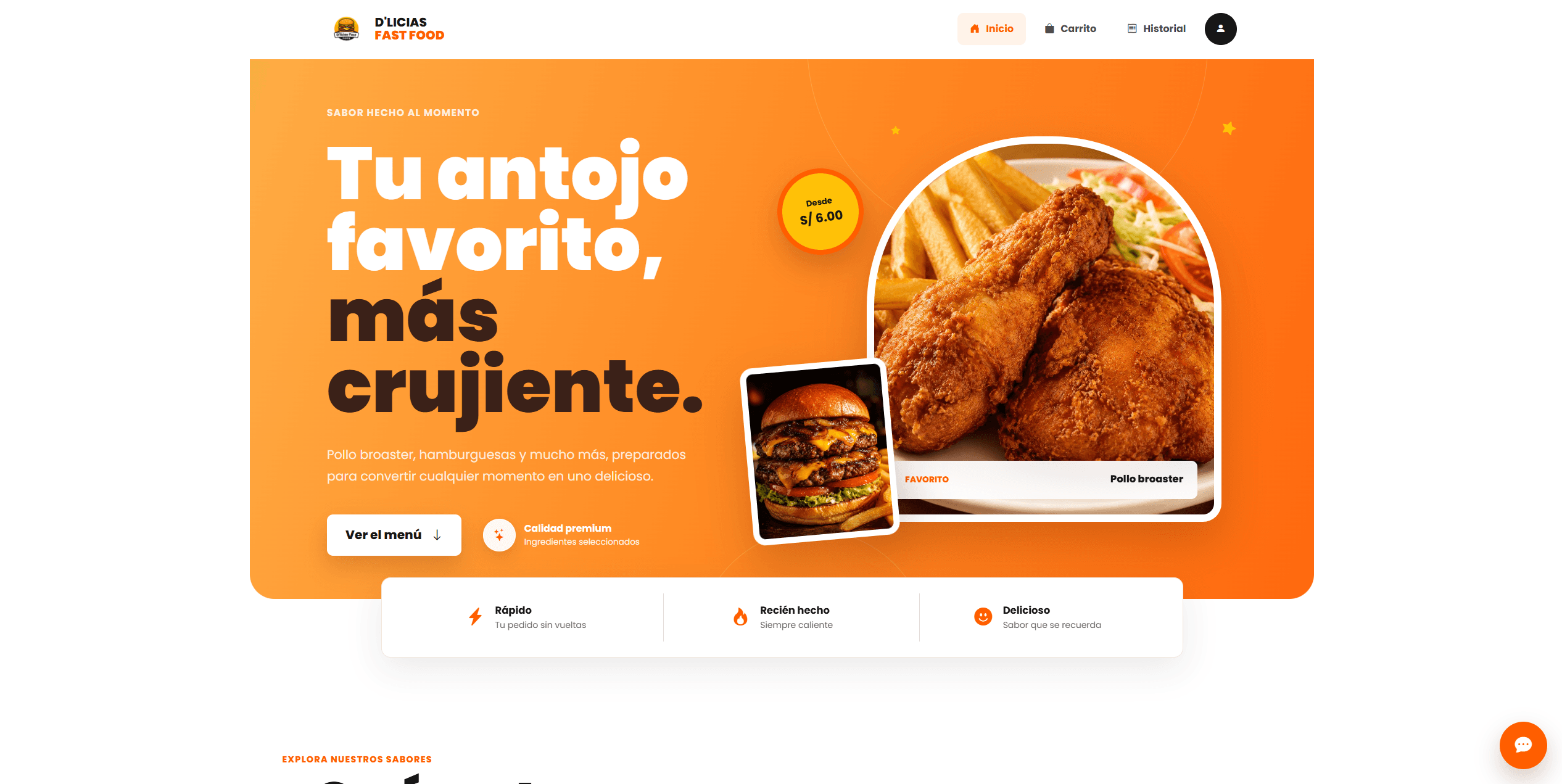Página de inicio de D’Licías Fast Food con menú y fotografías de pollo broaster